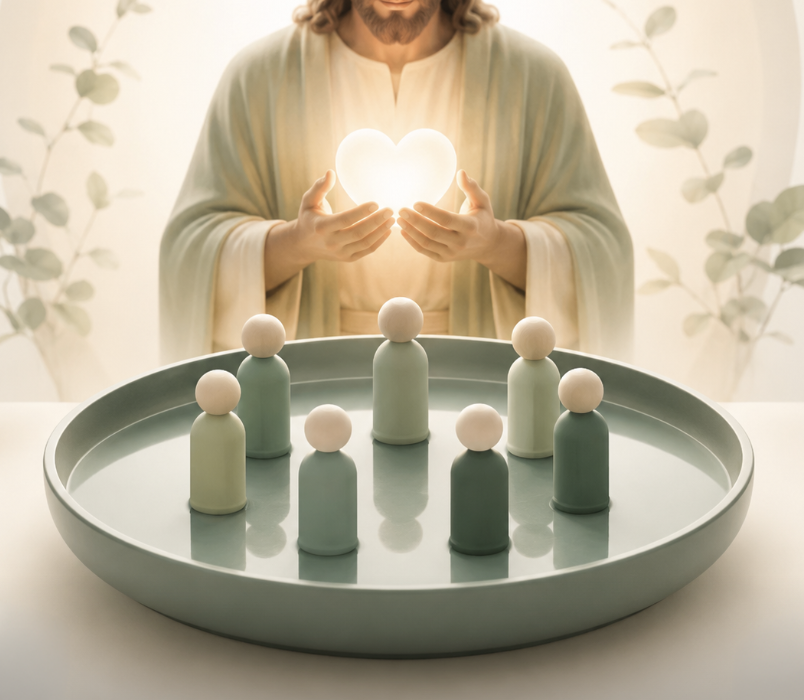 Bandeja com bonecos de constelação na água e Jesus ao fundo segurando um coração luminoso