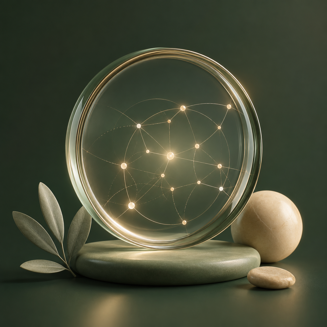 Representação 3D de uma lente de vidro com conexões luminosas para simbolizar sistêmica como lente